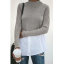 Ladies Trendy Sweater Contrast Stitching Long Sleeves Mock Neck Button Detail Sweater