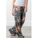 Fashionable Pants Floral Pattern Drawstring Mid Rise Long Length Wide Leg Pants for Girls