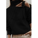 Daily Ladies Sweater Pure Color Rib Hem Long-sleeved Turtle-neck Hollow Pullover Sweater