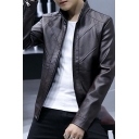 Mens Vintage Jacket Solid Color Stand Collar Long Sleeves Regular Zipper Leather Jacket