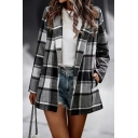 Urban Ladies Cardian Checked Print Relaxed Long Sleeve Lapel Collar Open Front Cardian