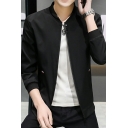 Casual Guys Coat Contrast Trim Pocket Stand Collar Long-Sleeved Fitted Zipper Leather Coat