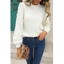 Stylish Ladies Sweater Whole Colored Beading Long Sleeves Round Neck Pullover Sweater