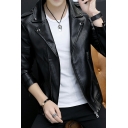 Guy's Creative Jacket Pure Color Pocket Lapel Collar Long-Sleeved Zip-up Leather Jacket