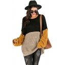 Fashion Sweater Contrast Color Long-sleeved Crew Collar Loose Pullover Sweater for Girls