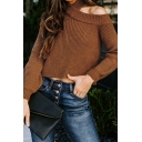 Women Hot Sweater Solid Color Halter Hollow Out Long Sleeves Regular Pullover Crop Sweater
