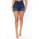 Novelty Ladies Shorts Solid Color High Rise Pocket Detailed Denim Zipper Turn up Shorts