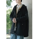 Fashionable Guy's Coat Pure Color Drawstring Long Sleeve Hooded Button-up Trench Coat