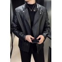 Boy's Fashionable Jacket Plain Chest Pocket Spread Collar Long Sleeves Leather Jacket