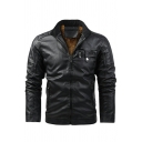 Hot Jacket Pure Color Chest Pocket Stand Collar Skinny Zipper Leather Jacket for Guys