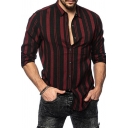 Men Novelty Shirt Striped Print Spread Neck Long-sleeved Fitted Button Placket Shirt
