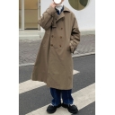 Guys Hot Coat Solid Color Notched Collar Long Length Relaxed Double Breasted Trench Coat