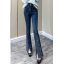 Women Leisure Jeans Whole Colored Split Front Full Length Diamond Button Fly Bootcut Jeans