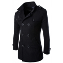 Basic Pea Coat Solid Color Long-Sleeved Slim Spread Collar Double Breast Pea Coat for Men