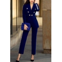 Womens Elegant Dark Blue Chic Button Embellished Slim Pleuche Blazer Coat with Pocket