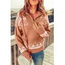 Stylish Ladies Sweater Tribal Pattern Long Sleeves Spread Collar Zip down Pullover Sweater