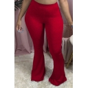 Unique Pants Pure Color Long Length Mid Elastic Rise Skinny Flare Pants for Girls