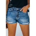 Popular Women's Shorts Pure Color Mid Waist Distressed Zip down Denim Shorts