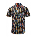 Freestyle Guy's Shirt Tropical Pattern Notched Collar Short Sleeves Slimming Button Shirt