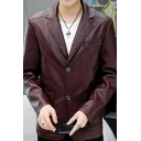 Retro Mens Jacket Solid Pocket Detailed Lapel Collar Long Sleeve Button Closure PU Jacket