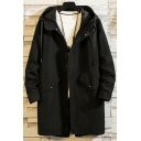 Unique Guy's Coat Pure Color Drawcord Long Sleeves Relaxed Zip Fly Hooded Trench Coat
