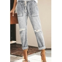 Women's Fashion Jeans Casual Elastic Waist Ripped Straight Trousers