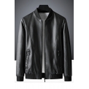 Popular Guys Jacket Plain Pocket Long Sleeves Relaxed Stand Collar Zipper Leather Jacket