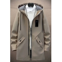 Elegant Coat Plain Pocket Hooded Drawstring Loose Long Sleeves Zipper Trench Coat for Boys