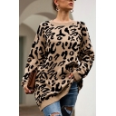 Casual Women Sweater Leopard Pattern Long Sleeve Crew Collar Fitted Pullover Sweater