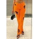 Fashion Embroidered Jeans Women Casual Mid Waist Orange Straight Leg Pants