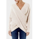 Daily Girl's Sweater Plain Irregular Hem Long Sleeve V Neck Pullover Sweater