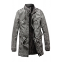 Casual Guys Coat Plain Pocket Designed Stand Collar Long-Sleeved Zipper Leather Coat