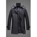 Stylish Jacket Pure Color Lapel Collar Long-sleeved Regular Button Fly Button-up PU Jacket