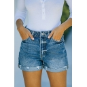 Basic Women Shorts Plain Distressed Mid Rise Pocket Zip Closure Denim Turn Up Shorts
