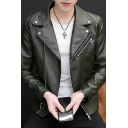 Mens Edgy Jacket Pure Color Pocket Lapel Collar Fitted Long Sleeve Zip down Leather Jacket
