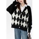 V-neck Cardigan Sweater Women's Loose Long-sleeved Diamond Pattern Knitted Sweater