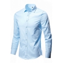 Popular Button Shirt Solid Turn-down Collar Long Sleeve Slim Button-up Shirt for Guys