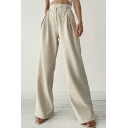 Street Style Pants Pure Color High Rise Full Length Drawcord Wide Leg Pants for Ladies