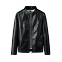Urban Mens Jacket Solid Pocket Stand Collar Long Sleeve Fitted Zip Closure Leather Jacket