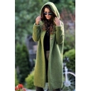Elegant Ladies Cardian Pure Color Long Sleeves Hooded Longline Button Placket Cardian