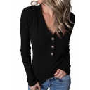 Chic Knitwear Plain Button Design Long-sleeved V Neck Slimming Pullover Sweater for Girls