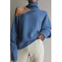 Vintage Girls Sweater Plain Ribb Hem Long Sleeves High Neck Loose Hollow Pullover Sweater