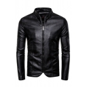 Trendy Jacket Solid Color Pocket Stand Collar Long Sleeve Zipper Skinny PU Jacket for Guys