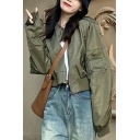 Women Casual Jacket Pure Color Pocket Stand Collar Long Sleeves Fitted Zipper Jacket