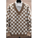 Stylish Knitwear Checked Print Long Sleeve V Neck Relaxed Pullover Knitwear for Boys