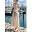 Popular Women's Dress Sashes Whole Colored V-neck Button Maxi A-Line Dress