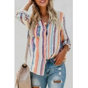Modern Shirt Stripe Print Spread Collar Long Sleeves Button Closure Shirt Fitted for Girls