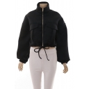 Dashing Women Jacket Solid Pocket Designed Long Sleeve Regular Stand Collar Zipper Jacket