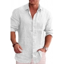 Retro Mens Shirt Pure Color Chest Pocket Turn-down Collar Long Sleeve Button Closure Shirt