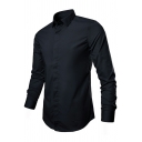 Edgy Shirt Solid Turn-down Collar Slim Curve Hem Long Sleeves Button Down Shirt for Men